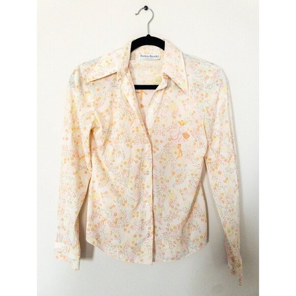 Vintage Bobbie Brooks 90's Retro Sheer Long-Sleeve Button-Up Blouse With Pastel - Picture 1 of 9